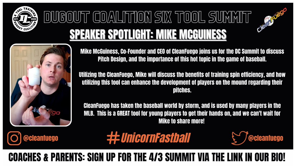 DugoutCoalition's tweet photo. Grateful to bring in Mike McGuiness of @CleanFuego to the #DCSummit to discuss Clean Fuego &amp; Pitch Design!

Check out what they are doing at Clean Fuego, and use our linktree to order with a discount, AND RSVP for the 4/3 Summit!

#UnicornFastball https://t.co/bLrP0b1tl9
