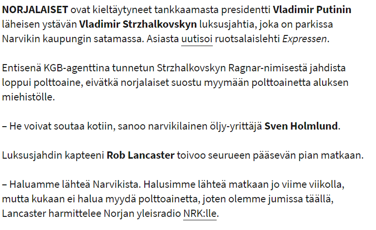 NysseNystrom's tweet image. Hajoilin tähän juttuun aivan liikaa.. ei helvetti!! Miljardöörin satojen miljoonien paatti on jumissa jossain kuppaisessa norjalaisessa satamassa, koska narvikilainen Sven ei suostu myymään polttoainetta.

Sven Holmlund. Vittu mikä sonni.

#Ukraina #UkrainanSota
