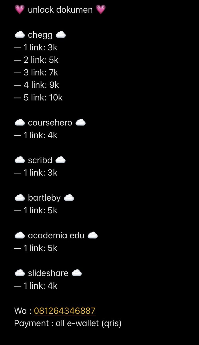 Jasa Unlock / unblur / buka / download jawaban dokumen UAS UTS

CHEGG
COURSEHERO
BARTLEBY
SCRIBD 
ACADEMIA EDU

500+ TESTI

Order (fast resp) wa.me/+6281264346887 

#zonauang #zonaba #jokitugas #jawabanuas