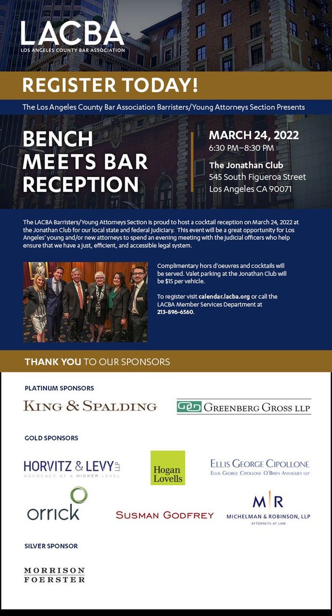 LACBABarristers's tweet photo. We are excited to announce that Judge Holly Thomas will be speaking at this year’s Bench Meets Bar Reception! See you March 24! Sign-up:  https://t.co/5HWwk7YPM3

#LACBA #benchmeetsbar #lawyer #attorneys #younglawyers  #lawyerlife  #losangeleslawyer  #lacbabarristers #litigation https://t.co/JoLpgK9hQR