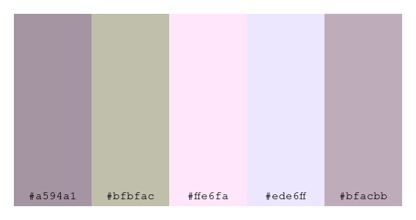 ColPaletteBot's tweet photo. Beep beep, here's a pretty color palette for you! 

color-scheme.js parameters used: 
- hue: 117
- variation: pale
- colors: #a594a1, #bfbfac, #ffe6fa, #ede6ff, #bfacbb

Have a lovely evening!

#twitterbot #colorpalette #colors #palette #prettycolors https://t.co/1T5a2NsgIl