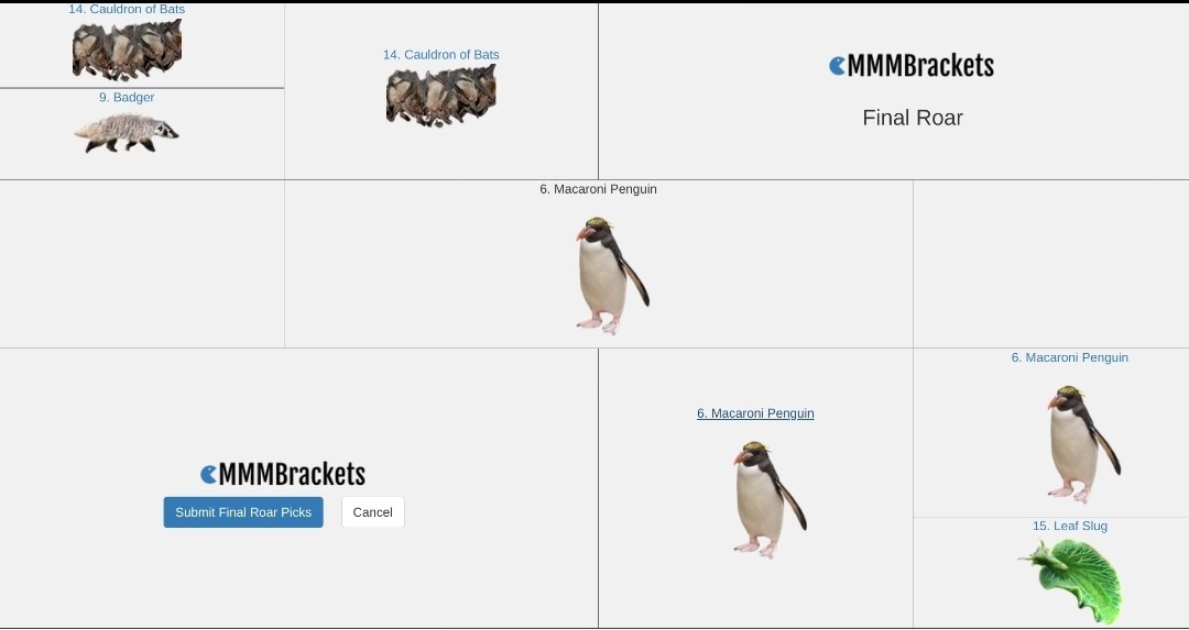 I had my tiny humans pick my @2022MMMletsgo bracket w no context. Obviously we're going to crush all the competition w this final 4; 16-leaf slug, 14-cauldron of bats, 9-badger &amp; 6-macaroni penguin. #MMM2022