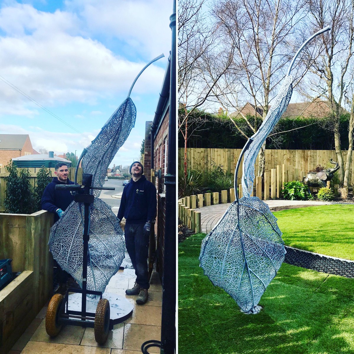 Sneak peek at our latest #Gosforth #Newcastle #garden Touch & go getting the 'Falling Leafs' #sculpture into the garden! Now in place, turf down & framing 'Elly' in the border - the garden is really coming together! A bit more work before totally finished but won't be long 🍃😉