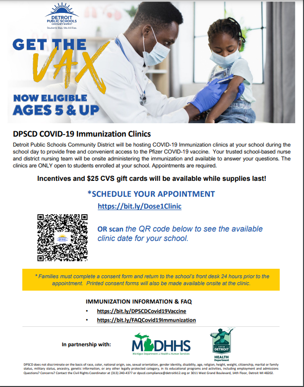 Join Thomas A. Edison Elementary on Thursday, March 24, 2022 at our COVID-19 Immunization clinic. Follow this link (bit.ly/Dose1Clinic) to schedule your appointment! <a href="/detroitk12/">DPSCommunityDistrict</a>
