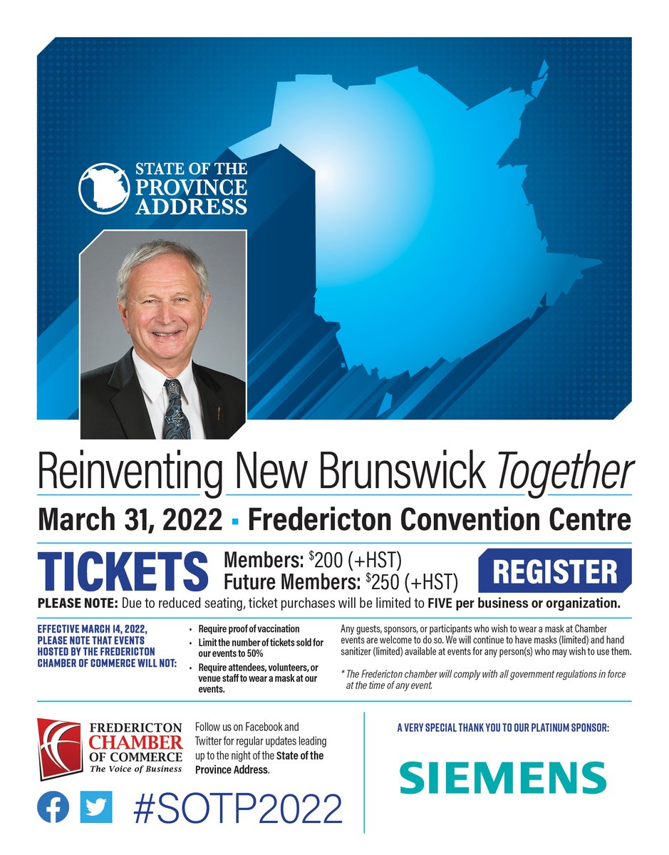 Don't delay only a handful of tickets left for State of the Province Address with <a href="/premierbhiggs/">Blaine Higgs</a> on March 31st at the <a href="/FredConvCentre/">FrederictonConvCent</a> presented by platinum sponsor <a href="/SiemensCanada/">Siemens Canada</a>! Register: bit.ly/3iebTRq
#SOTP2022