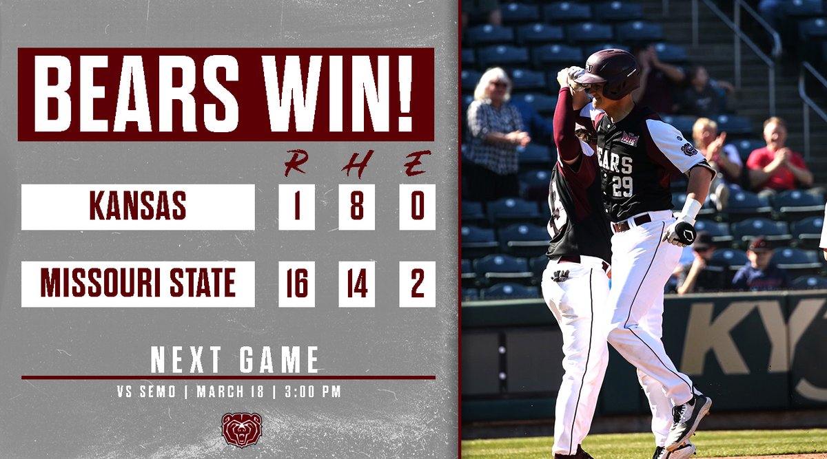 #MSUBears WIN! 

Missouri State hits five home runs as the Bears defeat Kansas, 16-1. Four Bears drive in three runs apiece. 

MSU is back in action this weekend (March 18-20) at Hammons Field for a three-game series with SEMO.