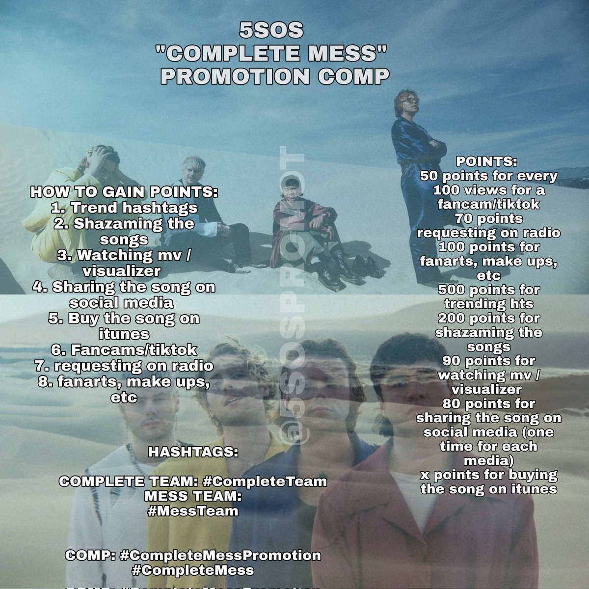 5SOSPROMOT's tweet photo. #COMPLETEMESS PROMOTION COMP!
We wanted to give a good promotion to the new @5SOS's single, so we had this amazing idea!
Join here: https://t.co/kZAtbgh4yP
STARTING FRIDAY, MARCH 18TH.
#CompleteMessPromotion
more info below! https://t.co/EHA8aDgdyO