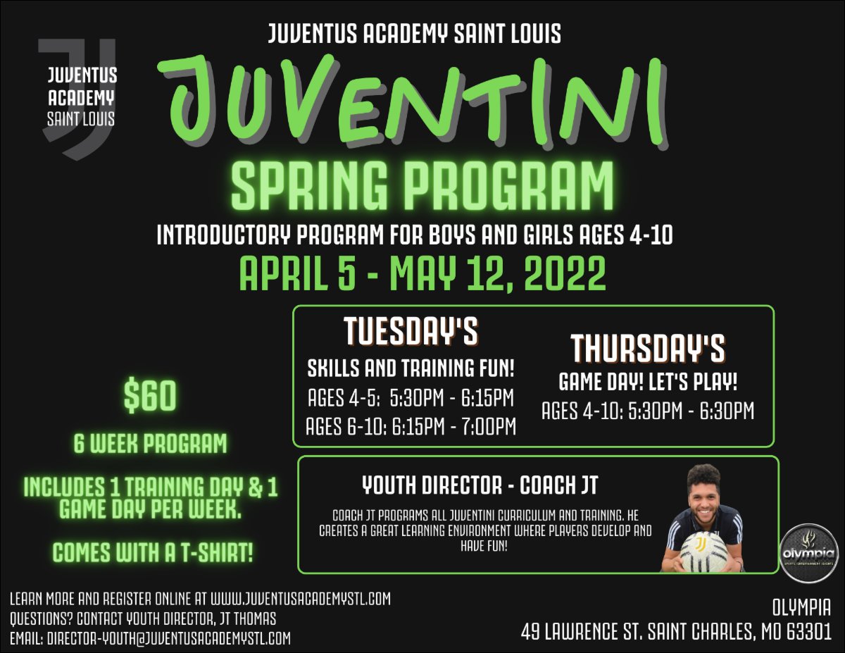 JAcademySTL's tweet photo. Juventini Spring 2022 is starting soon! This introductory program is for ages 4-10 and is led by our Youth Director, James "JT" Thomas! Get started with us on April 5th! ⚽️

Register here: https://t.co/2SncJhEWCn

#Juventini #ForzaJuve #LilBallers https://t.co/INaB7eXtdx