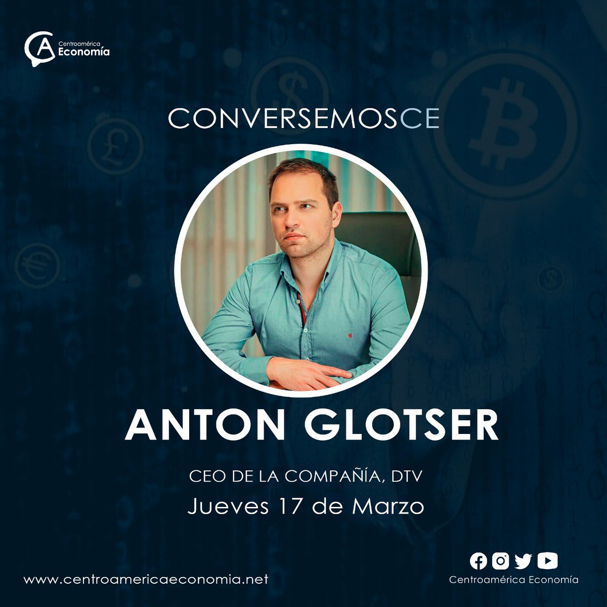 CentroamericaE's tweet photo. —> Este jueves no te pierdas la entrevista #ConversemosCE que estaremos platicando con Anton Glotser, CEO de la compañía @DTVtechteam sobre lanzamiento de una nueva plataforma de tecnología de hardware y software blockchain. 

Solo por nuestro canal de YouTube. https://t.co/QsAq01zK4C
