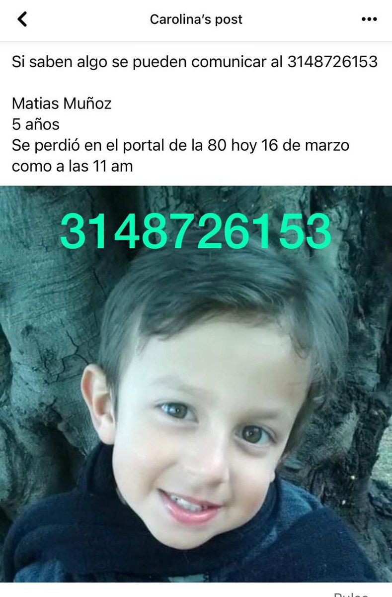 DdianiFeliZ's tweet photo. POR FAVOR COMPARTIR se perdió cerca al portal de la 80. Atracaron a la mamá y el niño se desapareció, no saben si se lo llevaron o él del susto salió corriendo y se perdió. Ayúdenme a difundir esto para que puedan encontrar a Matias
Si saben algo se pueden comunicar al 3148726153 https://t.co/I7aYePrOV6