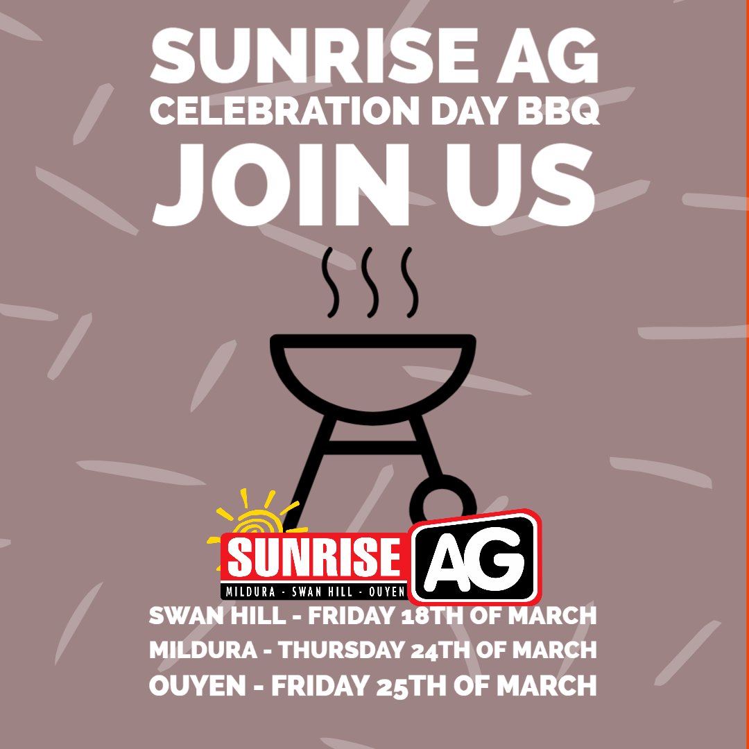Join us for a free BBQ in celebration of Sunrise Ag!
There will be door prizes and giveaways! 🎉🌭
Head down to your local branch at 12pm on the below dates:
Swan Hill - Friday, 18th of March 
Mildura - Thursday, 24th of March
Ouyen - Friday, 25th of March