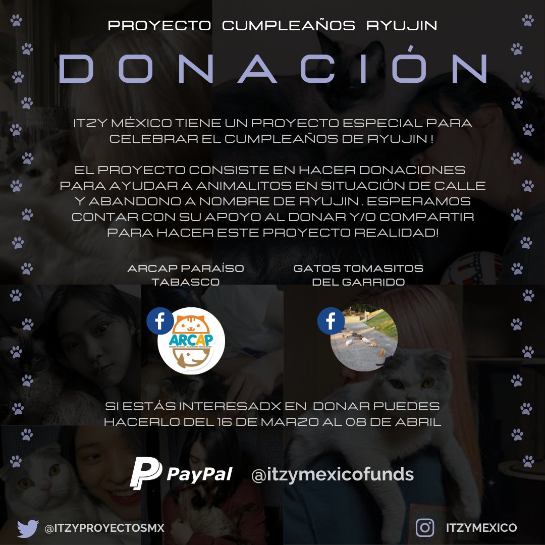 ITZY_MXCO's tweet photo. Midzy! estamos felices de compartirles que ITZY MÉXICO tiene un proyecto especial para celebrar el cumpleaños de Ryujin.

Los fondos se utilizarán para donar alimento a refugios de animalitos en situación de calle, cualquier cantidad es bien recibida!😊

💳https://t.co/orMsaxjkxd https://t.co/u5MX9jiGpV