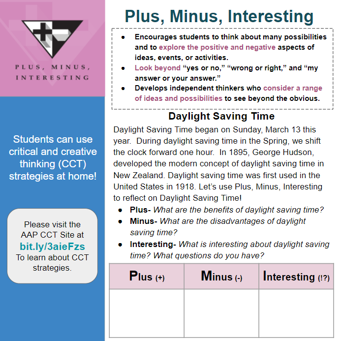 On Sunday we shifted our clocks to daylight savings time.  Use the #cctstrategy of PMI to consider daylight savings time.  What is interesting about daylight savings?  What could be some disadvantages? Benfits?  #cctathome