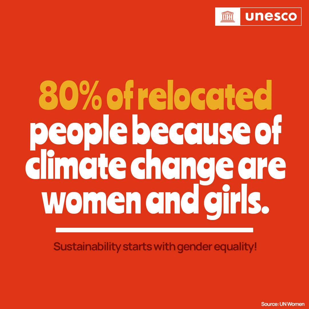 UNESCO's tweet photo. Climate change doesn't impact genders evenly.

Women are more vulnerable to the impacts of climate change than men because their vulnerability is directly linked to social, economic and cultural factors.

Stand up for ♀️! https://t.co/OHixGSr1Ac