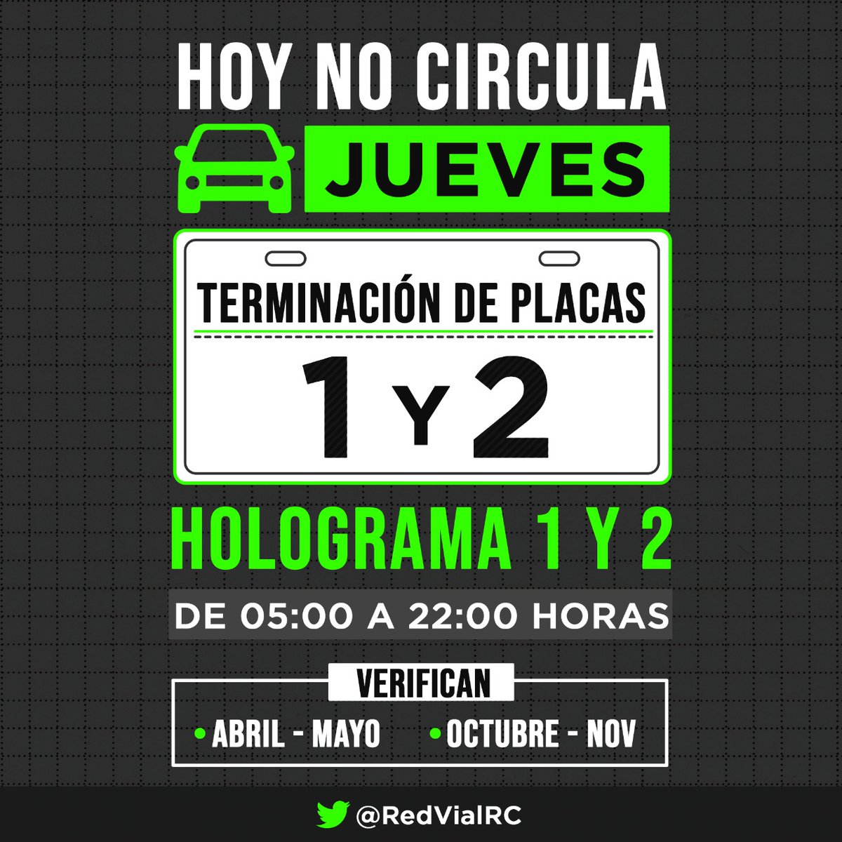 RedVialRC's tweet photo. #FelizNoche
Recuerda que, los autos con engomado verde, terminación de placas 1 y 2, hologramas 1 y 2, NO deberán de circular el día de mañana.
#TipsRVial
¡Evita infracciones! https://t.co/Gw4yVUaRoA