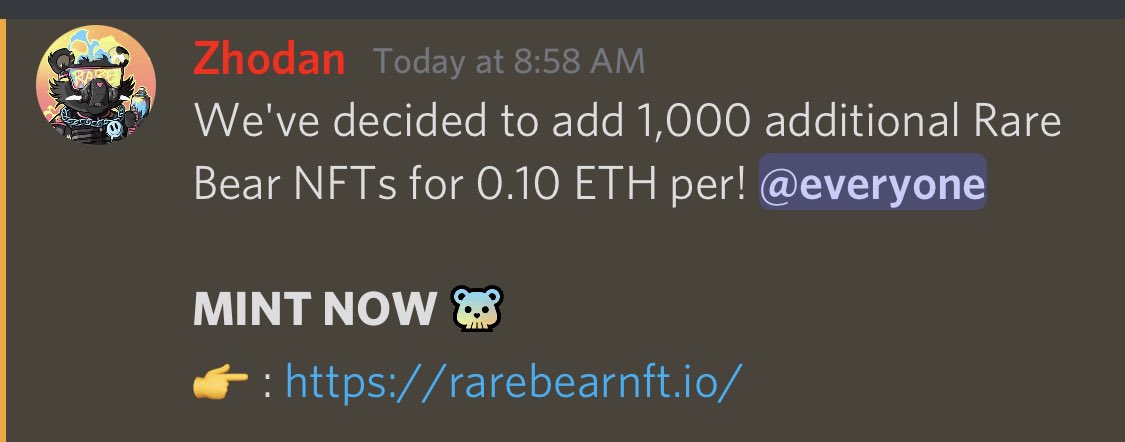 NFTpaintbrush's tweet photo. 🐻 Rare Bears @BearsRare discord has been hacked. There’s a hacker link in the #discord to mint their #NFTs in announcements tab that is fake. All chat rooms have been disabled so there’s no way I can see other than this tweet to warn people. https://t.co/C0E2p1gyFW