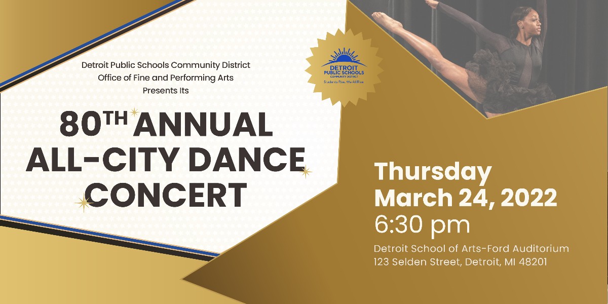 Detroitk12's tweet photo. The Office of Fine &amp; Performing Arts will host its 80th Annual All-City Dance Concert on March 24 at 6:30 p.m. at @DSA_DPSCD! Purchase your tickets for $15 In-Person &amp; Virtually. All tickets are advanced sales, no tickets will be sold at the door. Visit- https://t.co/VEnYlI9r7K https://t.co/iDUb2uIkFC