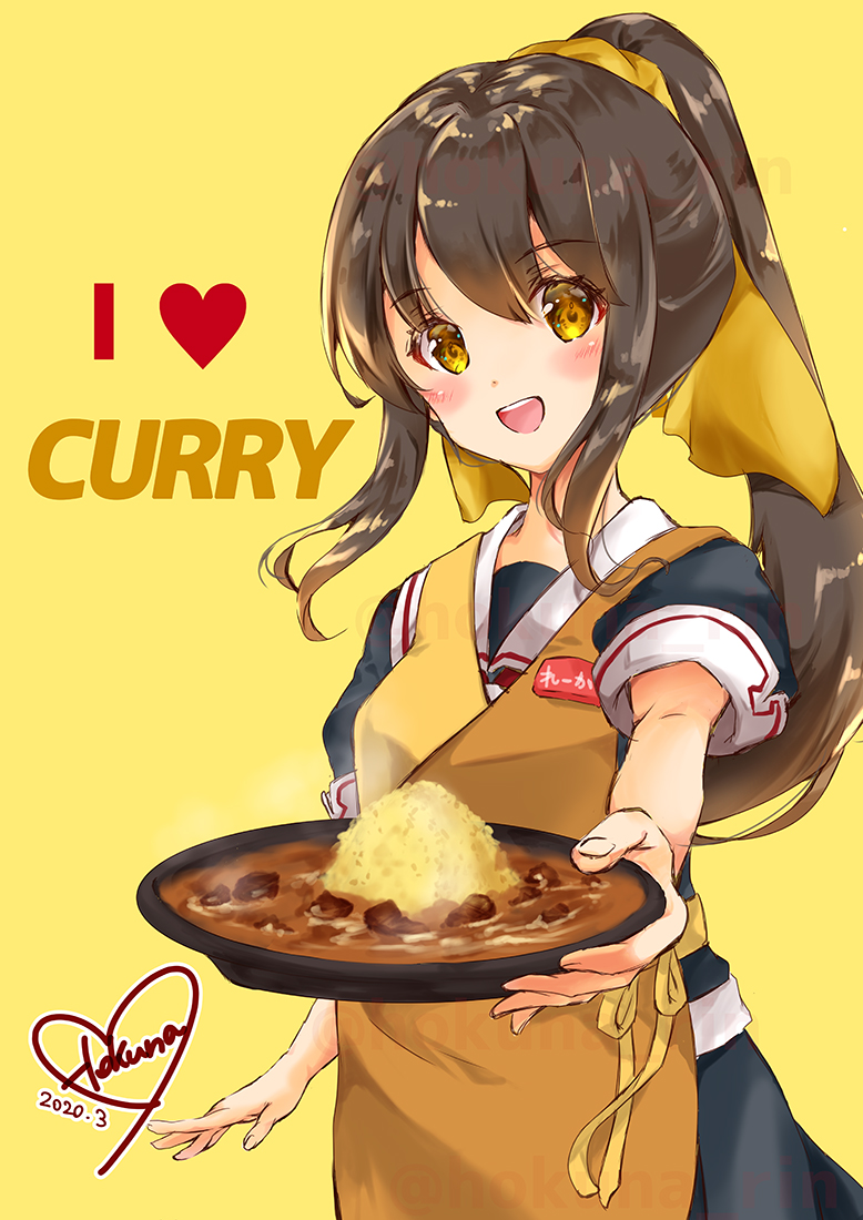 1girl solo curry yellow background ponytail apron food  illustration images