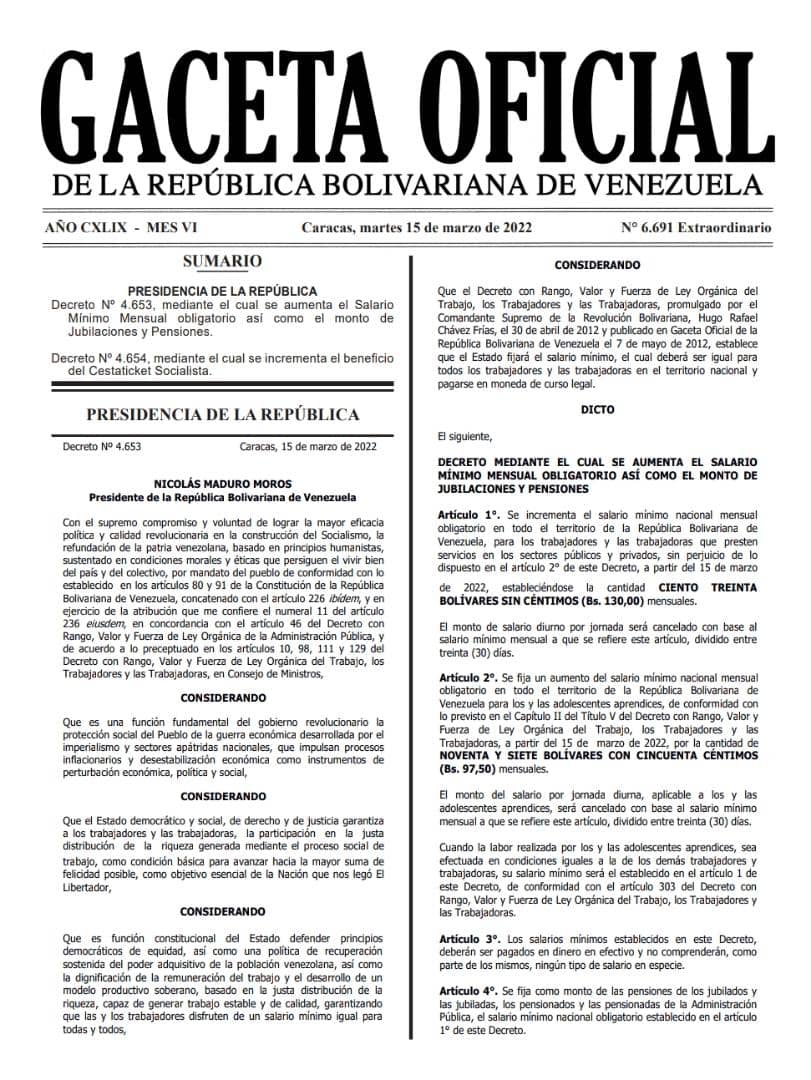 Min. Proceso Social de Trabajo บนทวิตเตอร์: "Gaceta Oficial mediante la  cual se publica el decreto sobre el aumento del salario mínimo mensual  obligatorio, así como el monto de jubilaciones y pensiones.  #CartasParaAlexSaab @