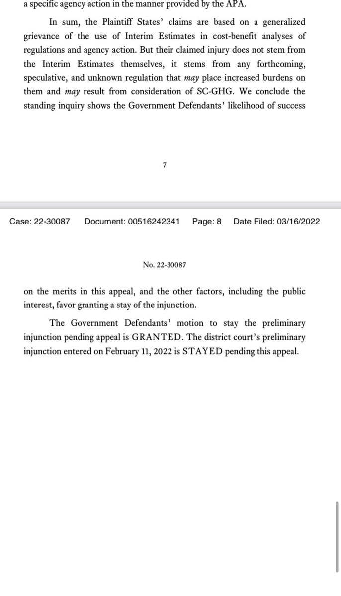 BREAKING. US Court of Appeals for 5th Cir GRANTS Biden Administration’s motion to stay the bizarre &amp; unprecedented Fed Dist Court injunction  barring full consideration of climate harm

Victory for common  sense policies to protect American people from climate pollution  

Text: