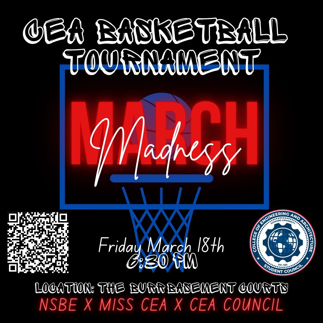Missed the last tournament or looking for redemption? It’s about that time! NSBE x Miss CEA x <a href="/huceacouncil/">CEA Student Council</a> will be hosting a March Madness CEA basketball tournament this Friday at 6:30 pm. Meet us in the Burr basement courts with your team ready to compete.🏀⛹️‍♀️⛹️‍♂️

Link in bio!