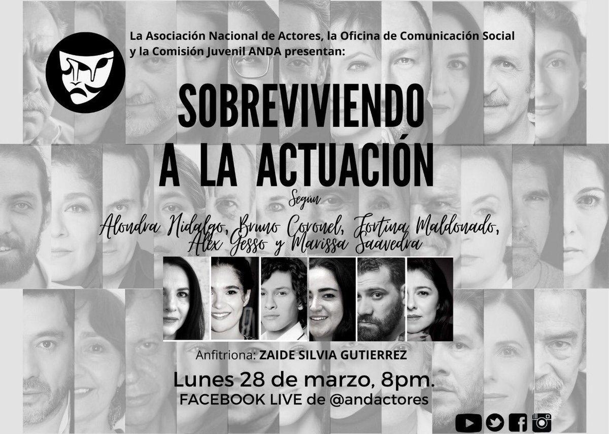 ¡No te puedes perder esta emisión especial! Con nuestros anfitriones. Lunes 28 de marzo, 8pm. Facebook Live <a href="/andactores/">Asociación Nacional de Actores</a> <a href="/ZaideSilvia/">ZaideSilviaGutierrez</a> @AlondraSinTwitr <a href="/marisskou/">marissa saavedra</a> <a href="/Bruno_Coronel/">Bruno Coronel</a> <a href="/ANDAJuvenil/">Comisión JuvenilANDA</a>