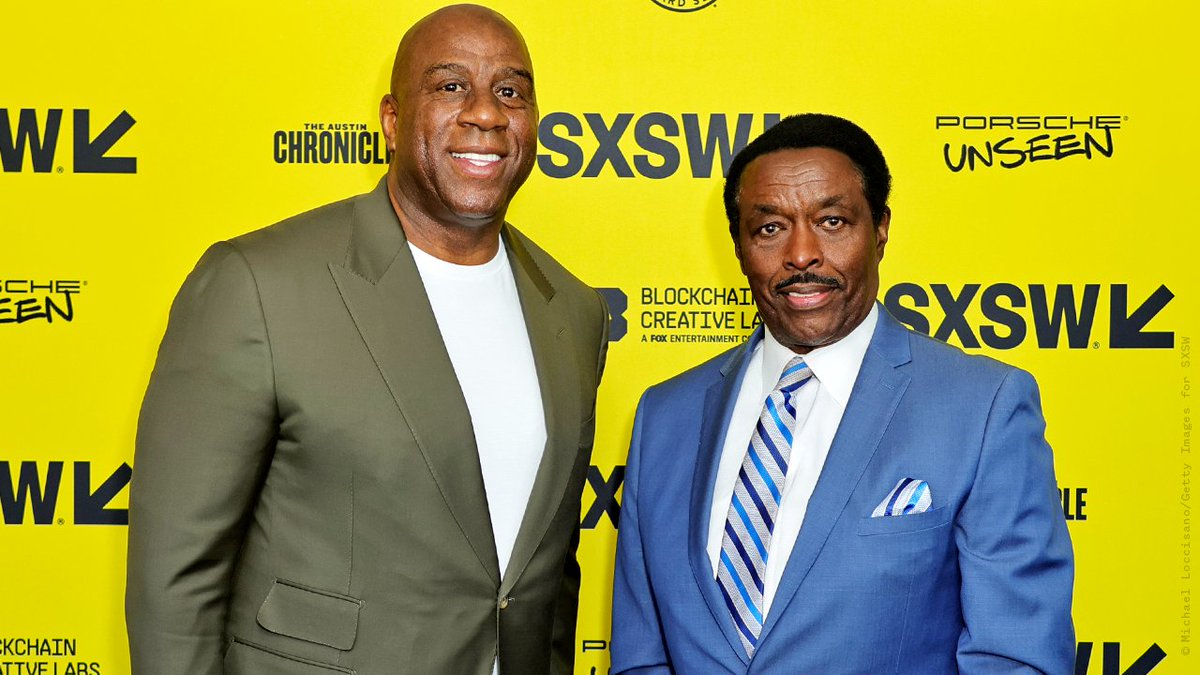 sxsw's tweet image. .@MagicJohnson and Jim Hill at the #SXSW 2022 premiere of the @AppleTVPlus docuseries #TheyCallMeMagic