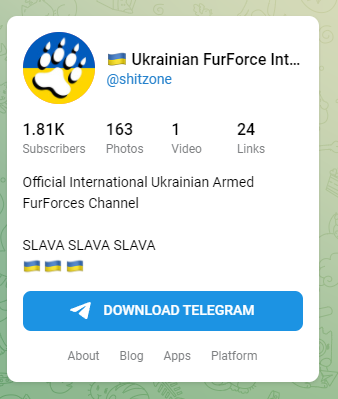 BEAWARE OF THIS TELEGRAM PAGE
''Ukrainian FurForce International'' is not what you think it is, it's a group that used to post zoophilia fetish posts and recently cleaned and adept the name of ''supporting Ukraine''
I will post my personal encounter and findings in this thread