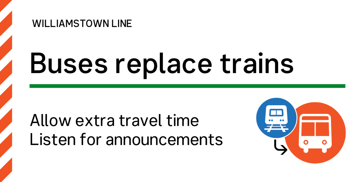 metrotrains's tweet photo. ⛔ Williamstown line: Buses replace trains between Newport-Williamstown due to an equipment fault near Newport.

>Replacement buses are in operation.

Allow extra travel time.

Info: https://t.co/9k2eekuBcm https://t.co/jCiwotowdU