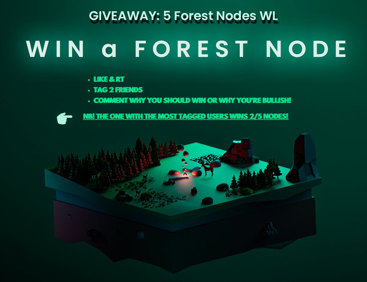BloomDeFi's tweet photo. 🌲Twitter Giveaway: 5 Forest Nodes up for grabs!🌲 

How to participate:
1️⃣ Like &amp; RT + follow @DarkforestNodes
2️⃣ Tag 2 friends
3️⃣ Comment why you should win or why you're bullish!

👉 NB! The one with the most tagged users wins 2/5 Nodes!

#JoinTheHerd https://t.co/kDQj0BQRdM