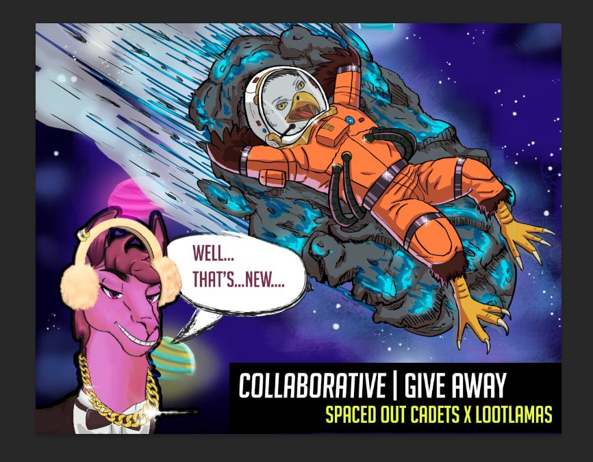 SpacedOutCadets's tweet photo. Excited to announce todays #Giveaway w/ @lootllamasnft !!! 🧑🏽‍🚀🤝🧑🏽‍🚀  

To enter: 
- RT + Follow @lootllamasnft 
- Tag ✌️ friends 
- Join @lootllamasnft Discord 
-
Winner selected in 48hrs 
Prize: 🎁 1 NFT
Giving away 5 Whitelist spots https://t.co/jeUrF9su62