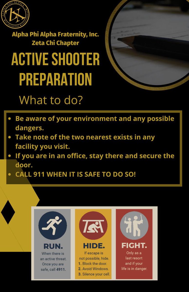 ZXAlphas's tweet photo. For our second day of Gun Education week we’re discussing Active Shooter Preparation. The most important thing to remember is Run, Hide, and Fight. Run when the situation occurs. If escape is impossible, Hide. And remember to only Fight when absolutely necessary. #eZXtra #ZXcares https://t.co/awARn8Y7LT