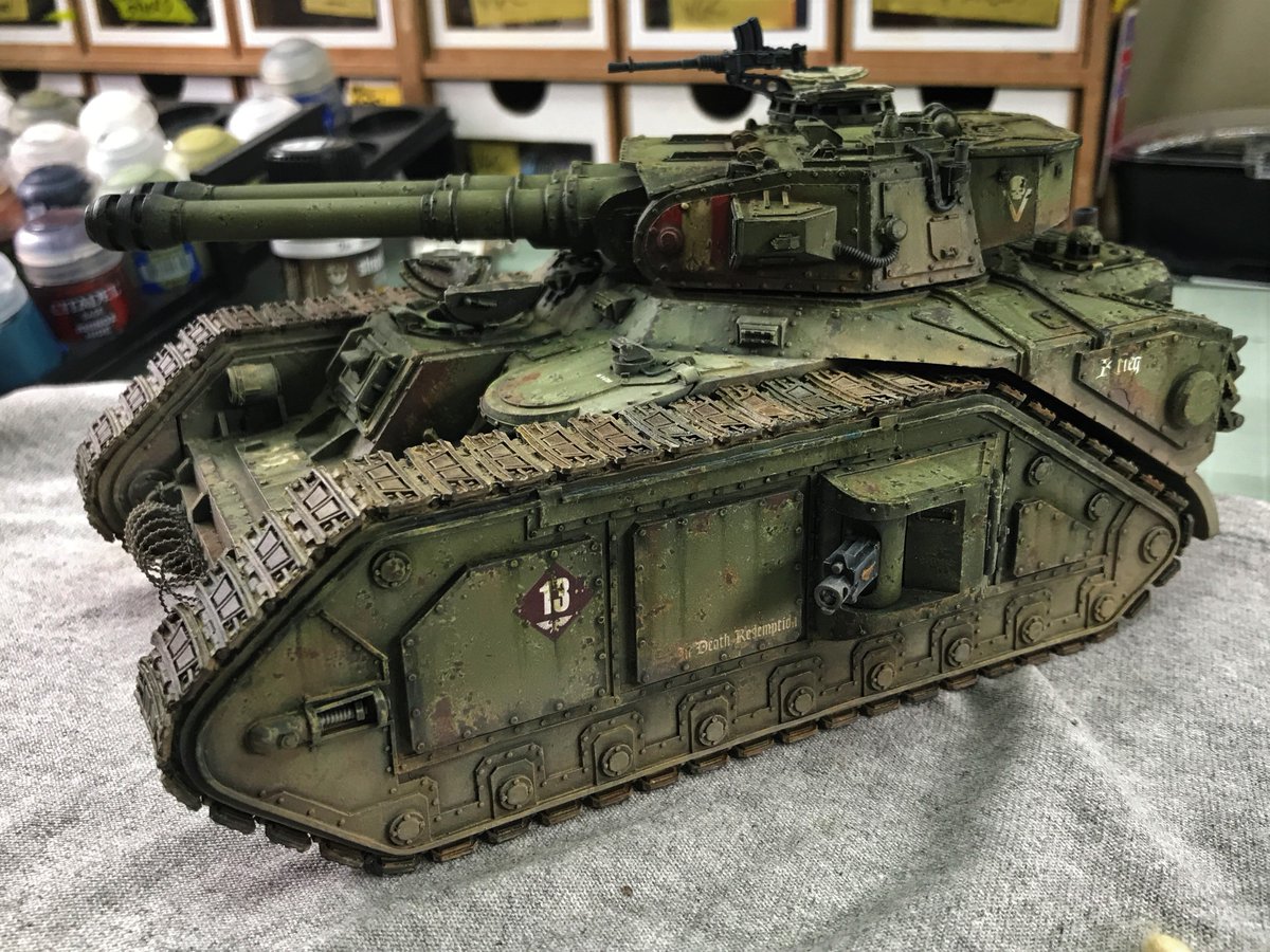 gurufoxx's tweet photo. A dusting of Tamiya Buff followed by Ammo by Mig Kursk Soil and we're looking nice & dusty dirty. Almost done - just details, lenses & the dudes to go.
#Macharius #Vanquisher #MachariusVanquisher #Forgeworld #DeathKorps #DeathKorpsofKrieg #Krieg #paintingminis #40k #warhammer40k https://t.co/7szmyjIGwd