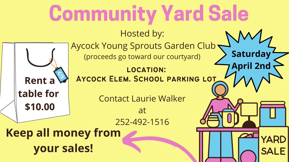 🌟come sell and/or shop! Rent a table for $10 &amp; keep the money that you earn. Come out to support our <a href="/AYCOCKSCHOOL/">Aycock Elem School</a> Garden Club!  <a href="/goelway7/">Stephanie Black</a> <a href="/mrsBlove24/">Lindsey Breedlove</a> <a href="/Esimons412/">Erin Riggan</a> <a href="/FontanetTracey/">Tracey Fontanet</a> <a href="/LeslieM36925196/">Leslie Moore</a> <a href="/ChristyPre_k/">Christy Harris</a>