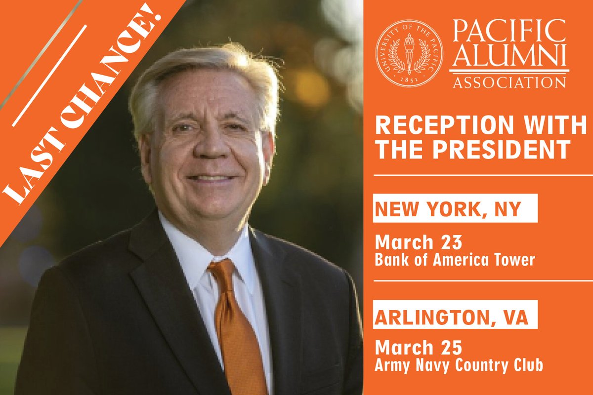 RSVP DEADLINE EXTENDED!  Register by this Friday, March 18, to gather with President Callahan and Pacific alumni in New York and Arlington, VA next week. Secure your spot at one of these exciting events at pacificalumni.org/event
