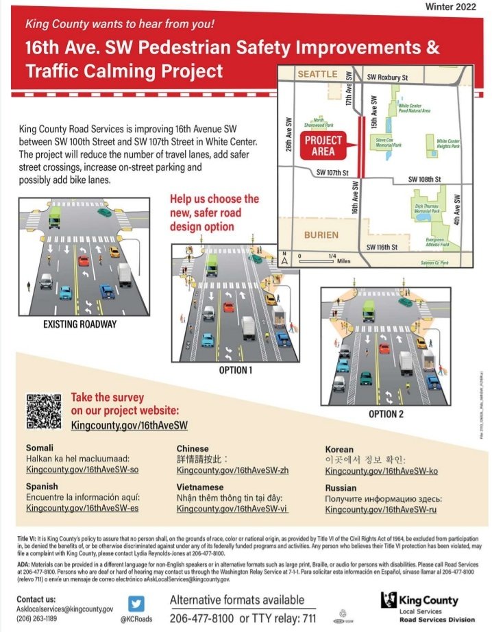 Are protected bike lanes finally arriving in White Center? Only if you make it so 🖖

Public comment is open: kingcounty.gov/16thAveSW

I'm voting for Option 1, but they leave a lot to be desired.