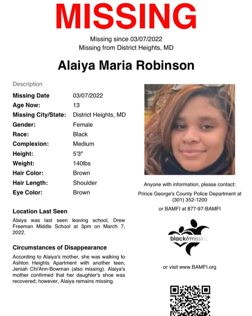 #District Heights, MD: 13y/o Jeniah Clayton-Bowman and Alaiya Robinson, #MISSING since March 7, 2022.

They were both last seen walking to Ashton Heights Apartments. 

#HelpUsFindJeniahClaytonBowman
#HelpUsFindAlaiyaRobinson <a href="/PGPDNews/">PGPDNEWS</a>
