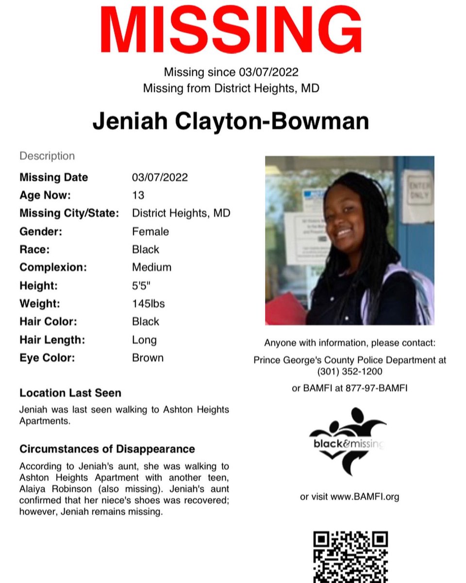 BAM_FI's tweet photo. #District Heights, MD: 13y/o Jeniah Clayton-Bowman and Alaiya Robinson, #MISSING since March 7, 2022.

They were both last seen walking to Ashton Heights Apartments. 

#HelpUsFindJeniahClaytonBowman
#HelpUsFindAlaiyaRobinson @PGPDNews https://t.co/cLfyB87dY5