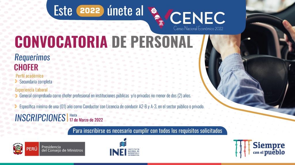 INEI_oficial's tweet photo. CONVOCATORIA DE PERSONAL #CENEC📣
Requerimos:
📝 #CHOFER ⤵️
✅ Contrato de 90 días 🔗 https://t.co/JbOf0RbeOU
☝ Revisa los requisitos e inscríbete hasta el 17 de marzo de 2022 https://t.co/ZEmpCJygHx
