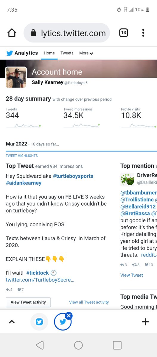 Turtleslayer5's tweet photo. One day back.  Went up almost 4k impressions.

The word is getting out guys.

We are the news now.

Cya @turtleboylive you filthy scoundrel.
#teamstorm
#aidankearney https://t.co/0sDu2VTM2f