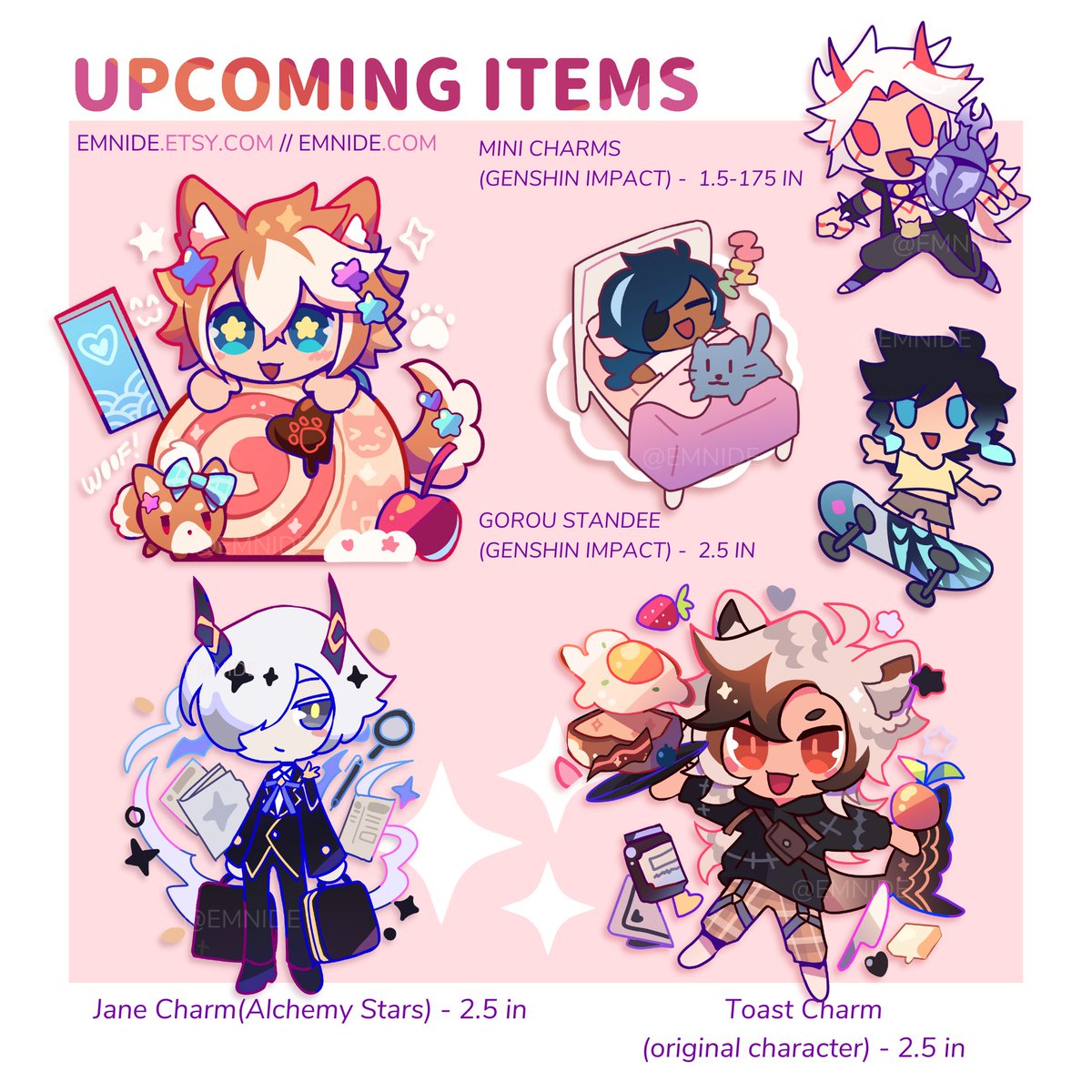 additional upcoming items! 💕
gorou standee, mini keychains (kaeya, itto, venti), jane charm, and my good ol oc toast! 🍞

✧ #GenshinImpact #原神 #AlchemyStars ✧ https://t.co/8S2w4maaUQ 