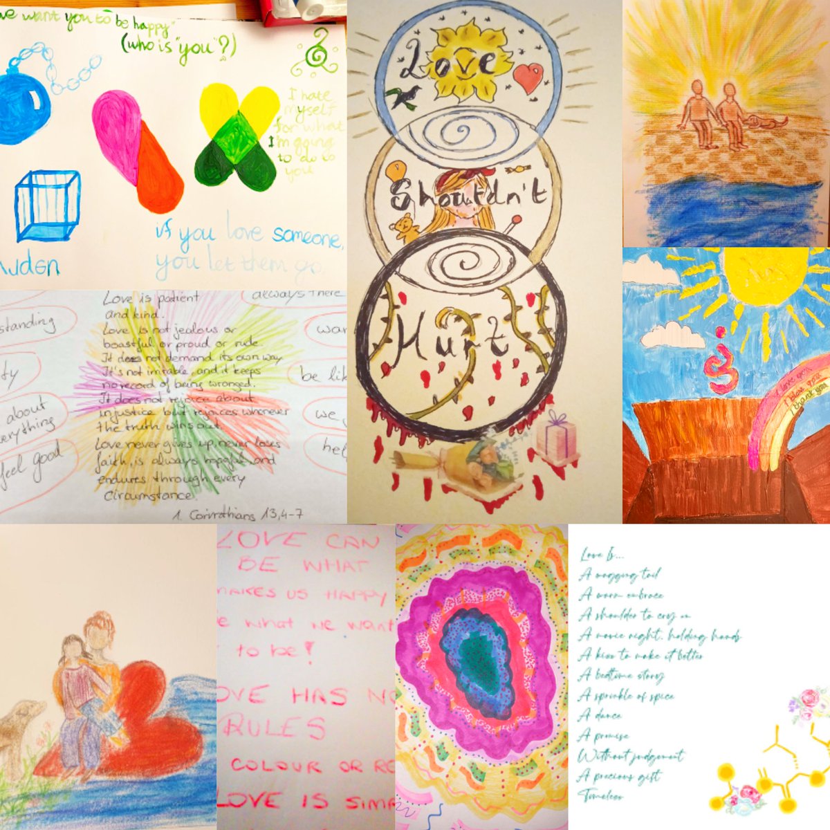 AnnaBilles's tweet photo. Very powerful and beautiful artwork created tonight by our Young at HeArt 'Who Am I?' course group on Zoom - exploring what it feels like to be loved by someone. Thank you everyone for sharing so honestly and for sharing your vulnerability 🙏💗 https://t.co/EnNqH0waep