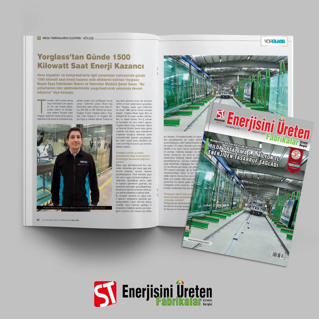 Yorglass firmasından Şenol Sezer, Hava kaçakları ve kompresörlerle ilgili çalışmaları neticesinde günde 1500 kilowatt saat enerji kazancı elde ettiklerini söyledi.

ST Enerjisini Üreten Fabrikalar Dergisi'nin Mart sayısında: dergi.stdergileri.com/st-enerjisini-…