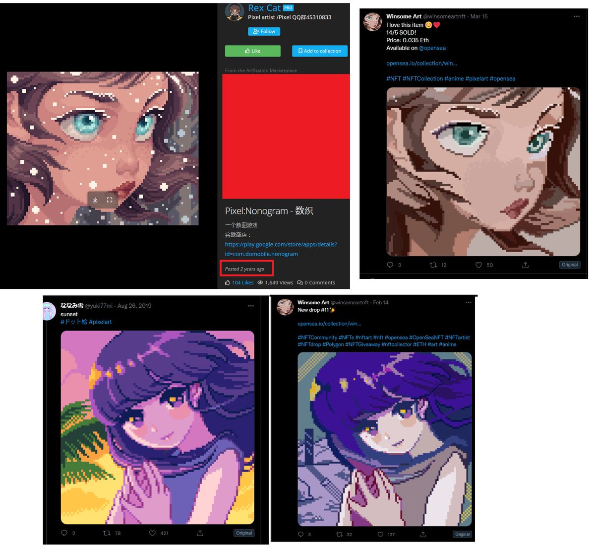 This scammer (@winsomeartnft) is getting a lot of followers and has already made .2 ETH in sales. Please be careful and always reverse image search, guys. Also report all of their collections, they're all traced. Some of them are barely even edited.