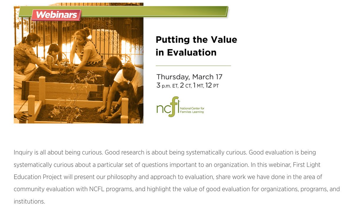 FiLiEdProj's tweet image. Join us today for an @NCFL webinar, "Putting the Value in Evaluation: Community Evaluation as a Vehicle for Learning and Program Improvement"! 

Starts at 1 PM Denver time, 3 PM Eastern time...Register here:

ncfl.zoom.us/webinar/regist…

#ThoughtsAtFirstLight
#GoAndDoMore