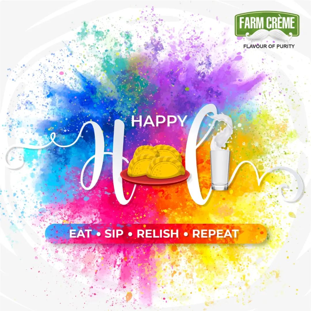 FarmCremeIndia's tweet photo. Finally, it's HOLI-DAY! 😂

Wishing you &amp; yours, endless glasses of thandai, a plate full of pakoras and gujiyas, and a colorful, playful, joyful, mouthful 😋, and thoughtful weekend ahead. 

Happy Holi!🌈
💕💕

#HappyHoli #FestiveVibes #FarmCreme #HoliHai https://t.co/dOhwvhEDHx