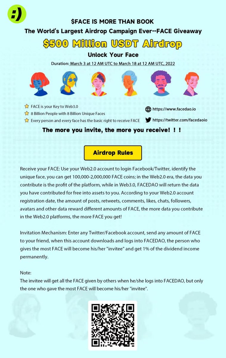 🕵🏻‍♂️ Airdrop: Face
💲 Reward: $500 Million $USDT Pool
📋 Contract: Etherscan
⏳ Distribution: 25th March, 2022
📰 End Date: 18th March, 2022 ( ENDS IN 24Hrs )
🌐 Website: facedao.io

🟠 Start the Airdrop Page gleam.io/competitions/V…