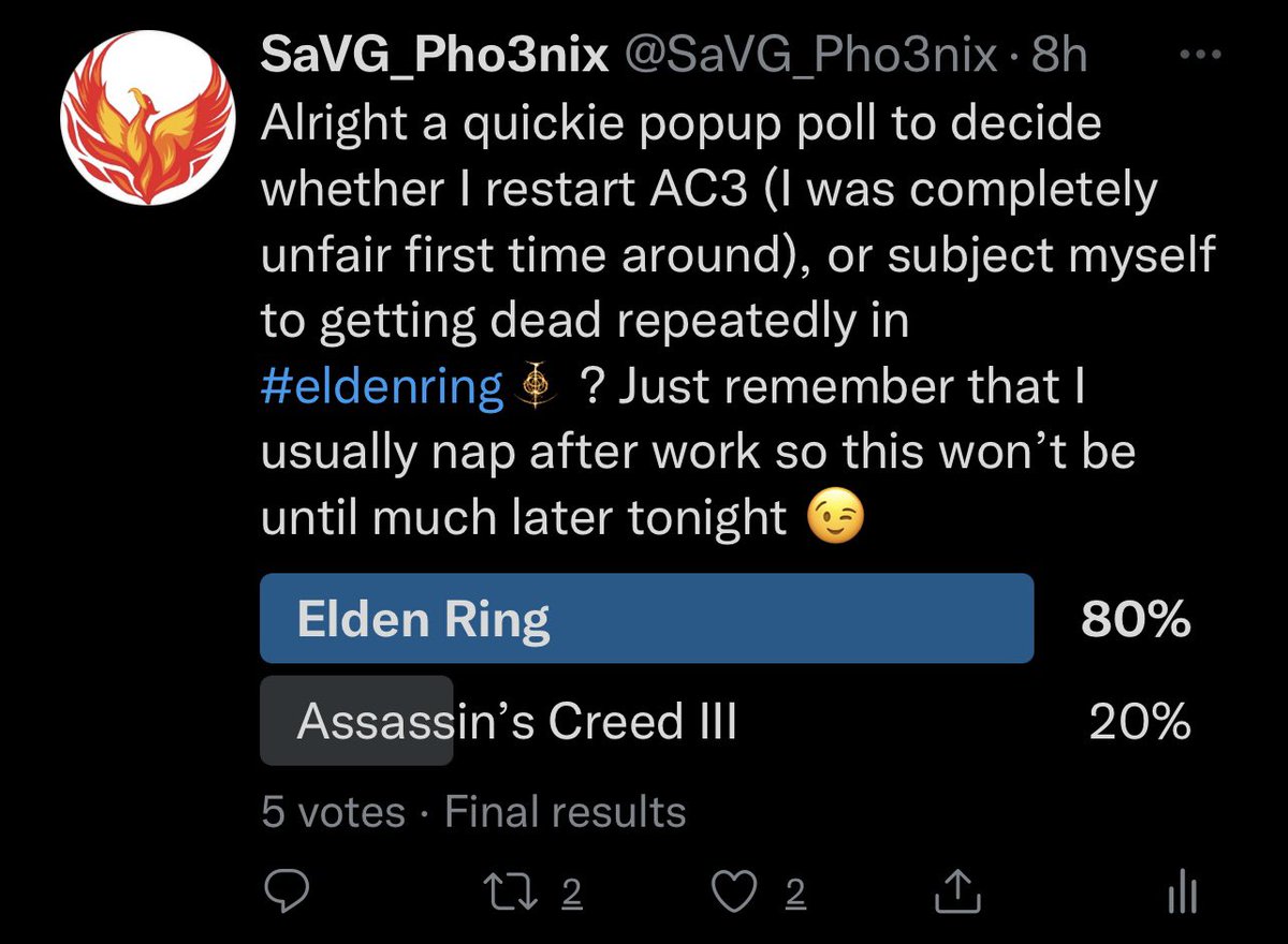 SaVG_Pho3nix's tweet photo. The people have spoken! #EldenRing it is! Hitting that go live button in about 10-15 mins…hope to see you there! https://t.co/Cr1ZVWzbdi #twitch #smallstreamer #poll #thepeoplehavespoken #imgonnadie #thisshouldbefun #streamraiders #SupportSmallStreamers #RETWEEET https://t.co/d0Wh27Rjhj