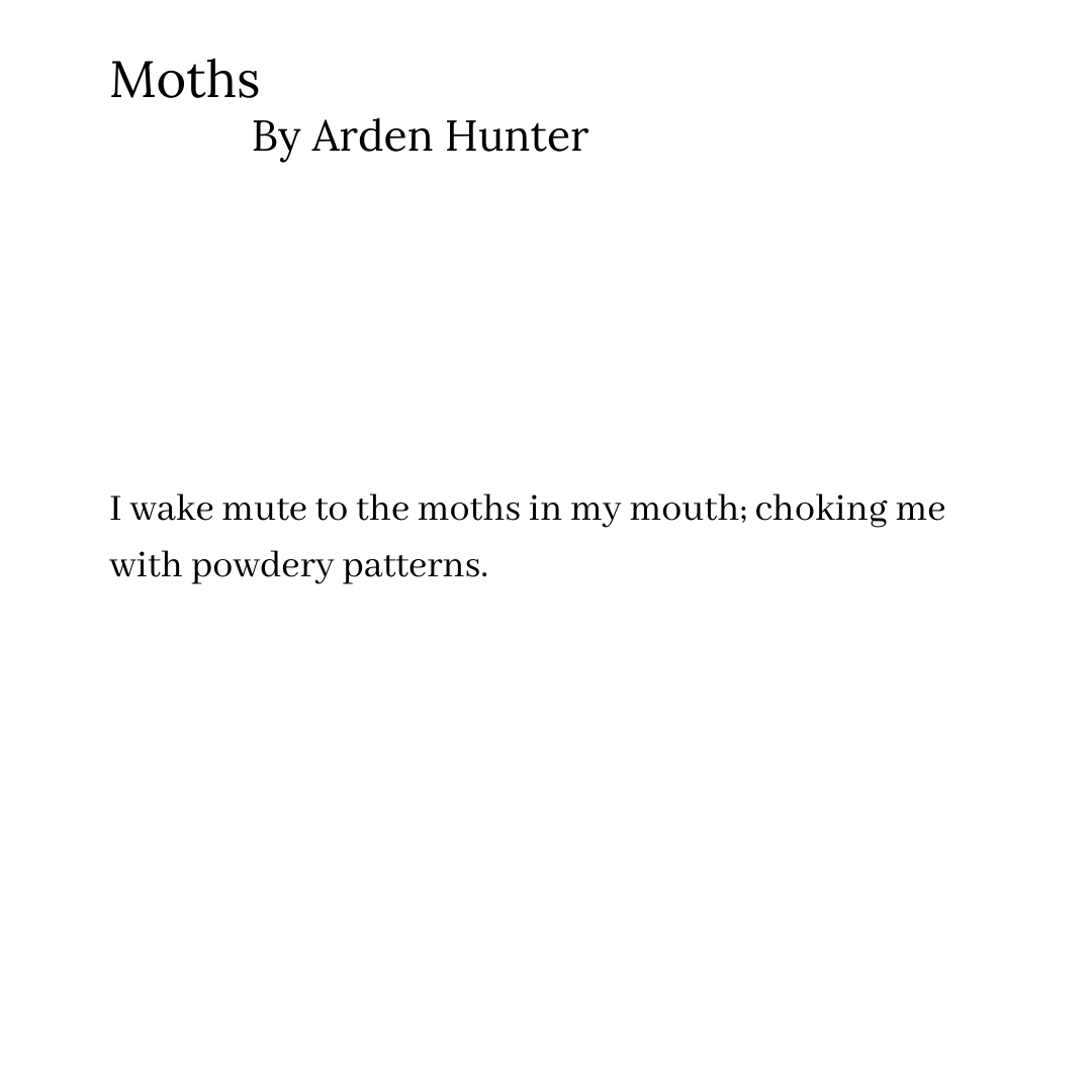 WildWillowMag's tweet photo. A fourteen-word micro-fiction from Issue 14!
I wake mute to the moths in my mouth; choking me with powdery patterns.
"Moths", @HunterArden, pg. 32
Visit the minison zine archive to see more from Issue 14: https://t.co/tEF7iNkXSf
#theminisonzine #minison #theminisonproject https://t.co/mrrLOZ1j0p