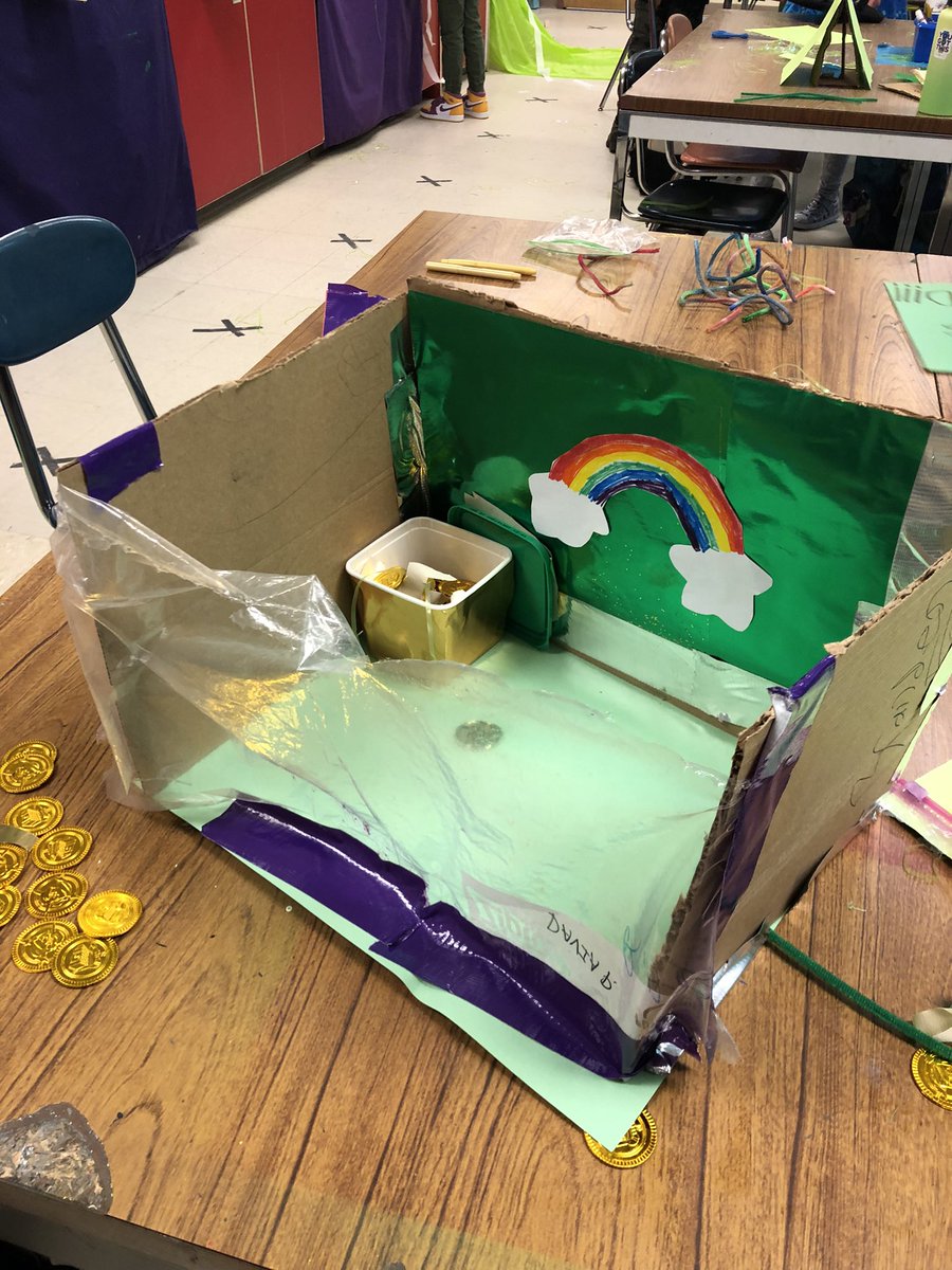 MsMcLeanArtroom's tweet photo. A pesky leprechaun has been messing up my art room this week. Thankfully my 5th graders have built some traps 😉 Fingers crossed they work! #MsMcleansArtroom #SMS #smsart #WeAreConval https://t.co/G4osBjkFAZ